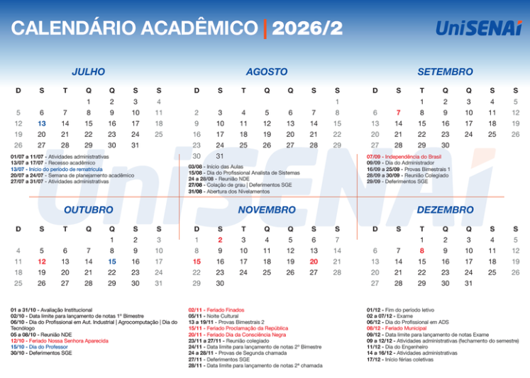 Calendário Acadêmico UniSENAI 2026/2 completo, mês a mês